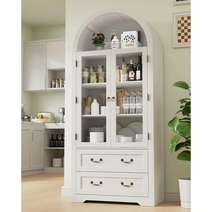 71" Tall Arched Kitchen Pantry Cabinet, Modern Wood Arched Bookshelf with Doors & 2 Large Drawers for China Cabinet Storage, Kitchen, Dining Room, Living Room, Bathroom-White