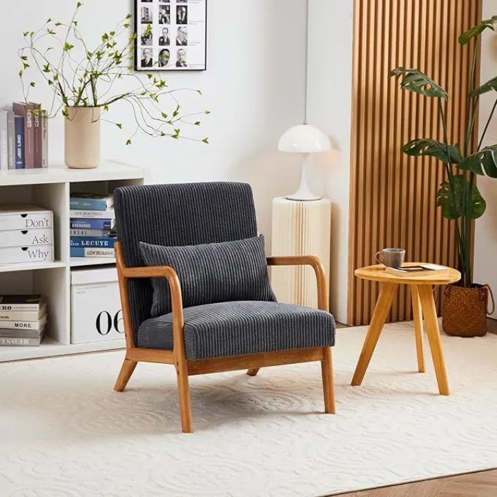 Accent Chair Mid-Century Modern Reading Armchair with Pillow Solid Wood Frame Fabric Upholstered Lounge Chair Soft Cushion for Living Room Bedroom Study Room Balcony (Slate Gray+Oak)