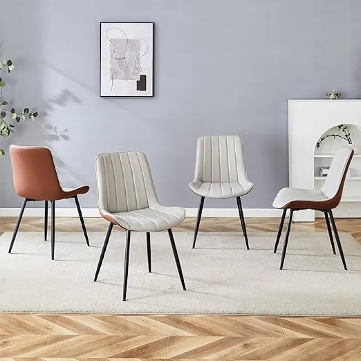 Set of 4 Modern PU Leather Dining Chairs, Ergonomic High Back, Metal Legs, Black Kitchen Chairs Set for Dining Room Home Decor Living Room (4, Brown+Gray)