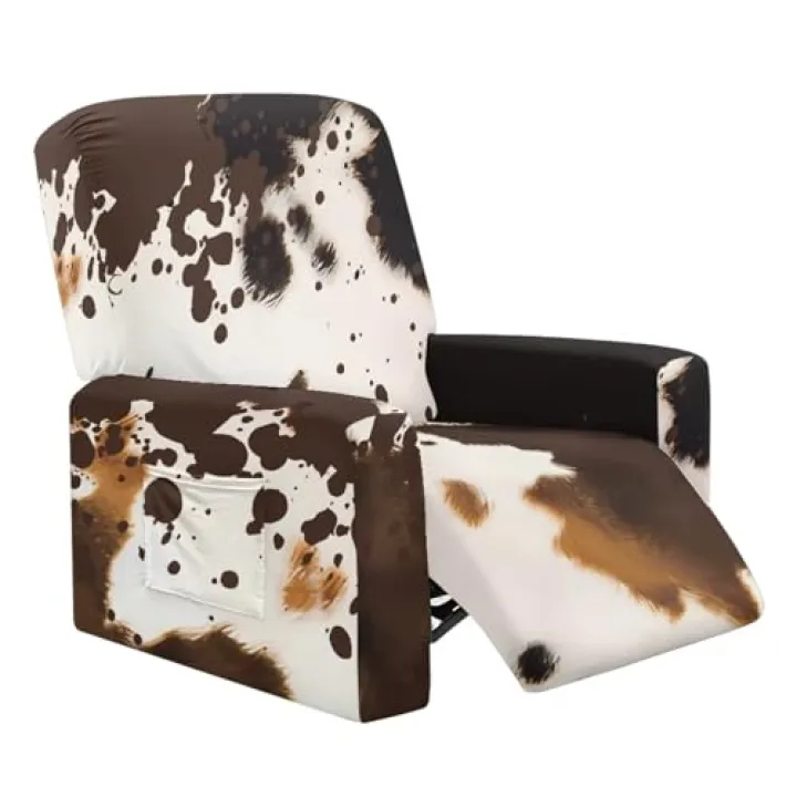 Yorfeemge Cow Print Recliner Cover 4-Pieces Stretch Lazy Boy Recliner Chair Covers with Storage Pockets for Living Room Sofa Couch Cover Furniture Protector Washable