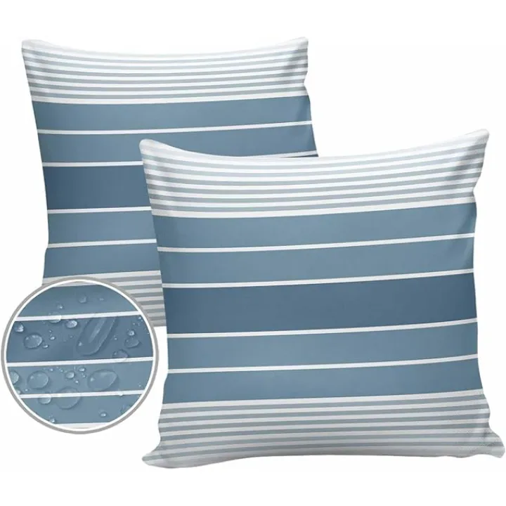 Outdoor Pillow Covers 24 x 24 Inches, Blue Ombre Stripe Waterproof Throw Pillow Cover Set of 2, Farmhouse Striped Gradient Home Decorative Square Cushion Covers for Patio/Tent/Couch/Garden
