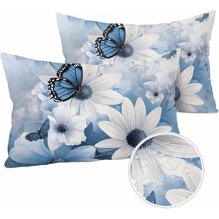 Lumbar Pillow Covers 12 x 20 Inches, Blue White Floral Waterproof Throw Pillow Cover Set of 2, Elegant Rustic Butterfly Botanical Home Decorative Rectangle Cushion Covers for Patio/Tent/Couch