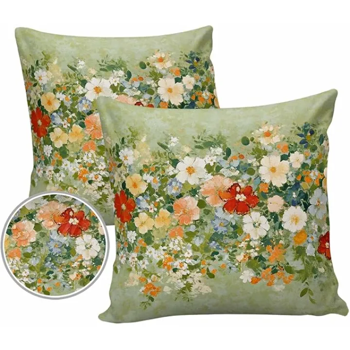 Outdoor Pillow Covers 24 x 24 Inches, Summer Wildflowers Waterproof Throw Pillow Cover Set of 2, Pastoral Oil Painted Retro Art Home Decorative Square Cushion Covers for Patio/Tent/Couch