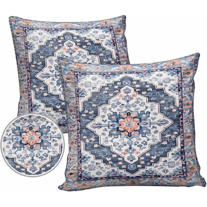 Outdoor Pillow Covers 18 x 18 Inches, Blue Boho Waterproof Throw Pillow Cover Set of 2, Ethnic Geometric Middle Century Art Home Decorative Square Cushion Covers for Patio/Tent/Couch/Garden