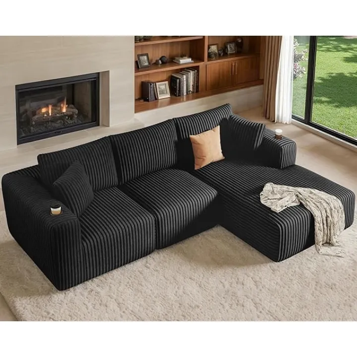 DURASPACE 108'' Modular Sectional Sofa, Cloud Boneless Couch with Deep Seat, Cup Holder, Memory Foam, Corduroy L Shaped Couch for Living Room Bedroom, No Assembly Required