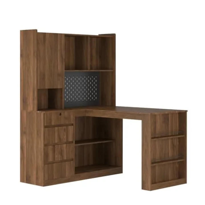 QVK L Shaped Executive Desk, Modern Corner Computer Desk with LED Light, 2 U+B Ports and Power Cord for Home Office Desk Workstation, Height 29.25 Inch, Black (Original Wood)