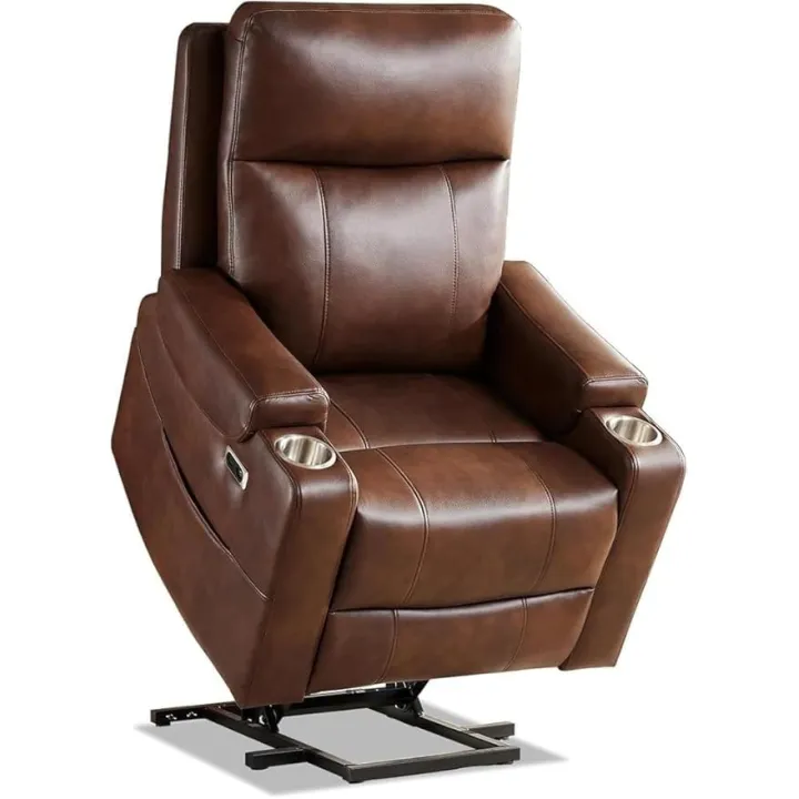 Power Lift Electric Recliner Chair for Seniors Leather Massage Heat Recliner Sofa with USB Ports Remote Control Side Pockets Cup Holders for Living Room Bedroom