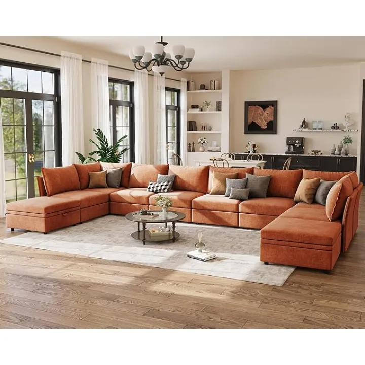 198.6" Oversized Modular Sectional Sofa, U Shaped Convertible Couch with Movable Ottoman, Large 10 Seats Corner Couches for Living Room Deep Seat Terracotta Chenille