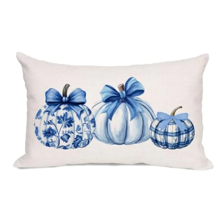 AOFANGGO Fall Pillow Cover 12x20 inch Autumn Themed Blue Chinoiserie Pumpkins Plaids Bouquets Decorative Throw Pillows Outdoor Pillowcase Farmhouse Cushion for Couch Sofa Thanksgiving Home Decor