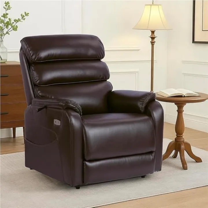 Power Lift Recliner Chair Electric Adjustable Back and Legs with Heat Massage USB Ports Side Pockets Leather for Elderly Bedroom Living Room Sofa