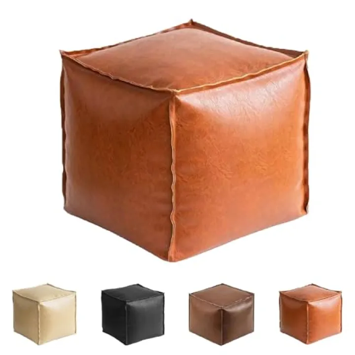 Stuffable Cushion Bag,16 Inch Floor Footrest Cushion Storage Solution,Cube Footrest Unstuffed Faux Leather Pouf Cover,for Home Decor Living Room,Bedroom (Orange)