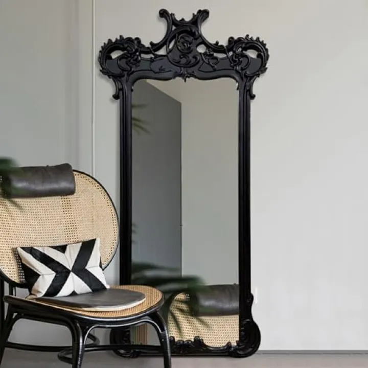 QIUPAI Arched Full Length Mirror, Freestanding Floor Mirror with Carved Wooden Frame & Art Carved, Halling Wall Mirror with Vintage Ornate Carved Accents black-80 * 180CM