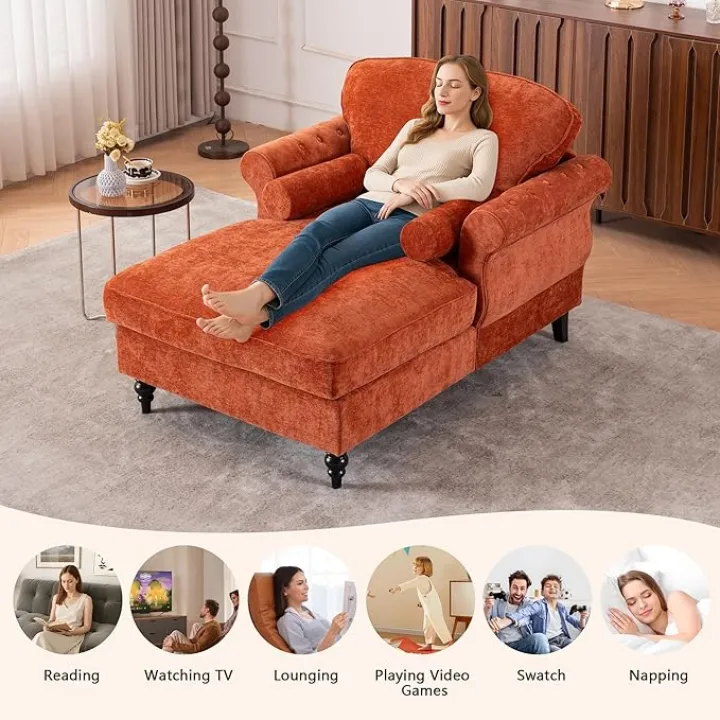 Setawix Chenille Upholstered Chaise Lounger Sleeper Sofa Chair,Oversized Chaise Lounge Chair Indoor with Rolled Arms,Mid Century Modern Lounger Couch for Living Room Bedroom (Orange, 43.3" W)