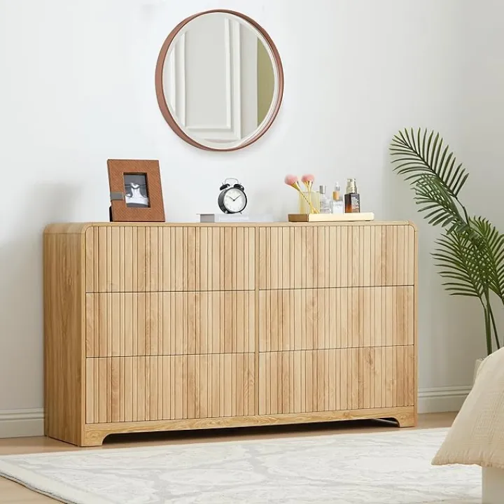 Fluted 6 Drawers Dresser for Bedroom, 53" Wide Chest of Drawer with Rounded Edge,Mid Century Modern Large Double Wood Dresser for Living Room Bedroom (Light Wood, 6 Drawers)