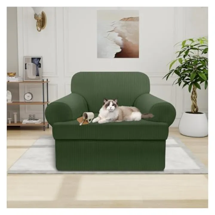 Pfrstuv Waterproof Chair Cover with Arms 2-Piece Set Striped Slipcover for 1 Separate T Cushion Couch - TPU Fabric Armchair Covers Leakproof Couch Protector for Kids, Pets(Chair, Military Green)