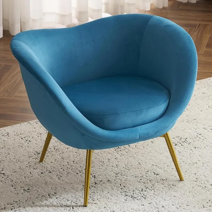 34" Adorable Teddy Velvet Accent Chair, Sleek Upholstered Lounge Armchair, Chic Comfy Vanity Chairs with Spacious Seat & High-elastic Sponge & Gold Legs for Living Room Bedroom Apartment, Teal Blue