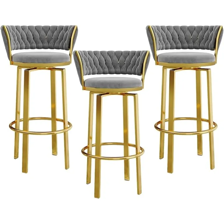 Velvet Bar Stools with Woven Backrests, 360° Swivel Counter Height Barstools Gold Base and Footrest, Kitchen & Dining Chairs for Home Bar, Island, Room(Gray,65cm)