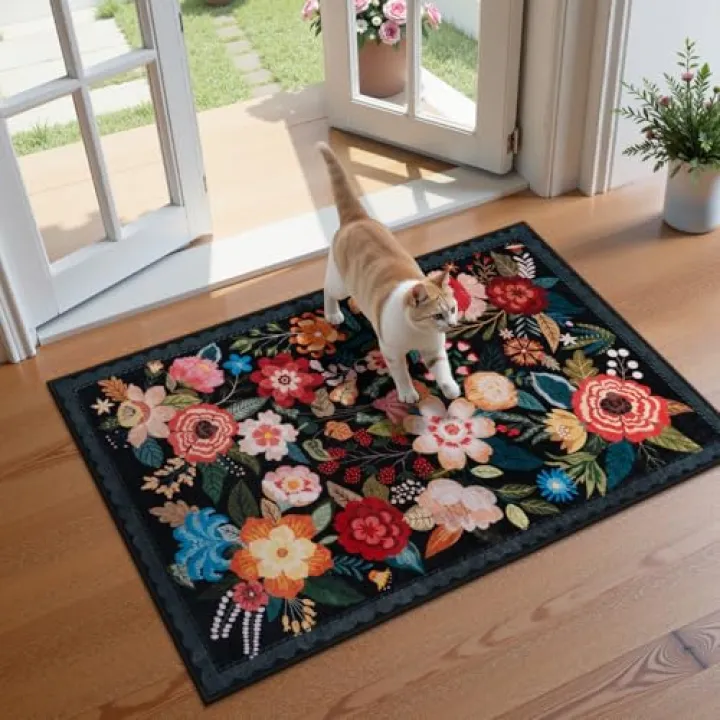 Small Black 2x3 Entryway Rug Front Boho Floral Door Rug Indoor Entrance, Washable Small Rugs for Kitchen Floor Bathroom Kids Room Entry Low Pile Non Slip, Carpet Colorful Whimsical Print Home Décor