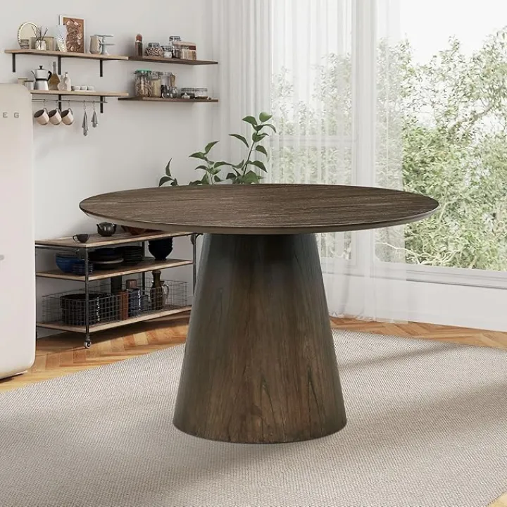Round Dining Room Table, 47 Inch Wood Dining Table for 4, Modern Farmhouse Kitchen Table, Round Pedestal Dinner Table for Kitchen