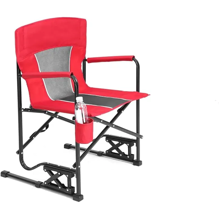 Blue Outdoor Rocking Chair for Adults, Folding Camping Rocker Chair with Breathable Fabric, Built-in Cup Holder, Portable Foldable Lawn and Patio Chair for Travel or Deck (Red)