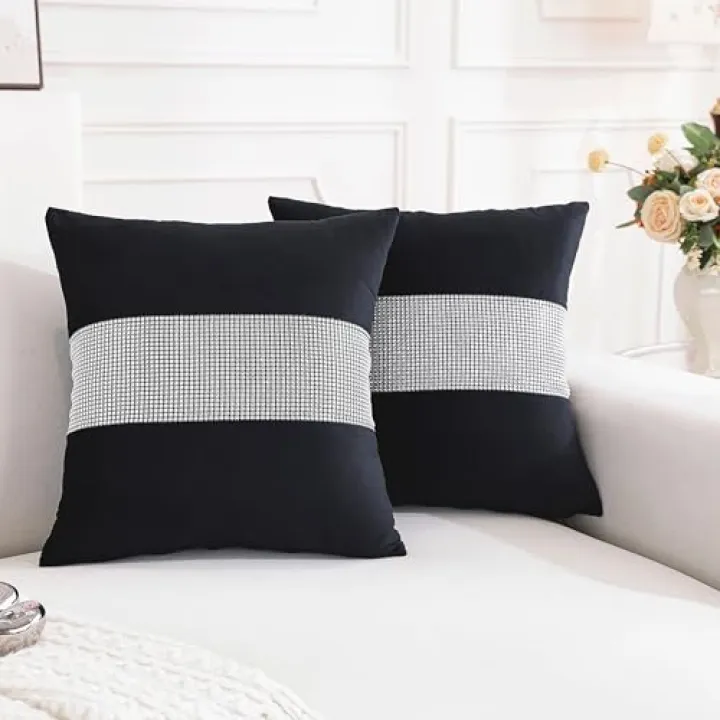TAOSON Pack of 2, Luxury Black Matching Sequin Patchwork Velvet Throw Pillow Cover with Silver Sequined Rhinestone Cushion Case Square Pillowcase for Sofa Couch Bedroom Living Room Home,18x18 inch