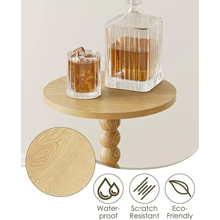 Masupu Drink Table, Round Side Table for Small Spaces, Pedestal Side Table, Small End Table with Metal Base, for Living Room, Bedroom, Bathroom, White Gold