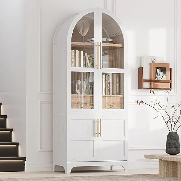 71" Tall Arched Kitchen Pantry Cabinet - Farmhouse Wood Kitchens Storage Cabinets with Door Shelves, Open & Adjustable Shelves, Hidden Drawer and Glass Door for Dining Room