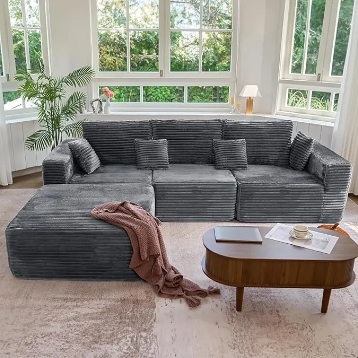 113" Modular Sectional Sofa, Convertible L-Shaped Cloud Couches for Living Room with Ottoman, 4 Seater Corduroy Boneless Couch Sofa Set, No Assembly Required, Grey 1 PCS