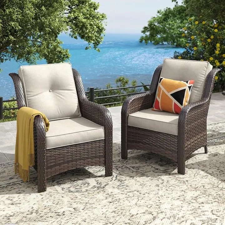 VICLLAX Patio Wicker Chairs Set of 2, Outdoor Furniture of All Weather High Back Deep Patio Seating Rattan Chairs for Family Gathering and Party, Brown Wicker & Wheat Cushion