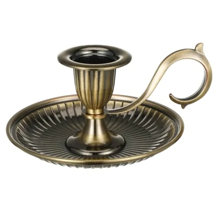 SEWACC Retro Candlestick Holder with Handle Vintage Zinc Alloy Taper Candle Holder for Home Decoration, 4.5 X 4.5 X 2.6 Inches