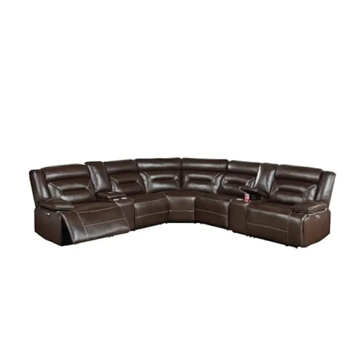 Benjara Dina Power Sectional Recliner L Shape Sofa, Dark Brown Faux Leather
