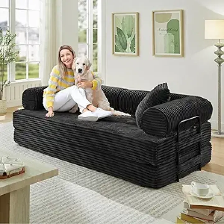 Folding Sofa Bed, Convertible Corduroy Comfy Loveseat Sleeper Bed, Modular Foam Compression Sofa Couch, Floor Lazy Chaise Lounge for Guest Room, Living Room, Studio (Black)