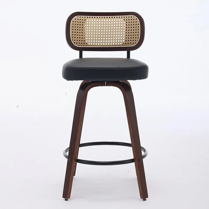 Swivel Bar Stools Set of 2, 26" Upholstered Faux Leather Counter Height Barstools with Cane Back & Bentwood Legs Mid Century Modern Rattan Bar Chairs for Dining Room Home Bar Kitchen Island, Black