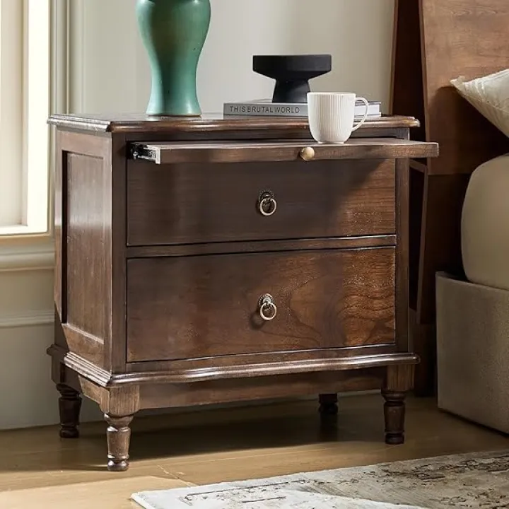 HULALA HOME Solid Wood Nightstand with 2 Drawers, Mid-Century Nightstand with Charging Station and Hidden Pull-Out Shelf, Bedside Tables with USB Ports for Bedroom, Walnut