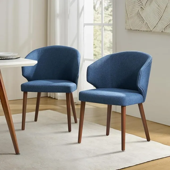 Dining Chairs Set of 2, Upholstered Kitchen Dining Room Chair Set with Curved Padded Back Wood Legs, Mid-Century Morden Accent Side Dinner Seating for Restaurant, Home, Navy