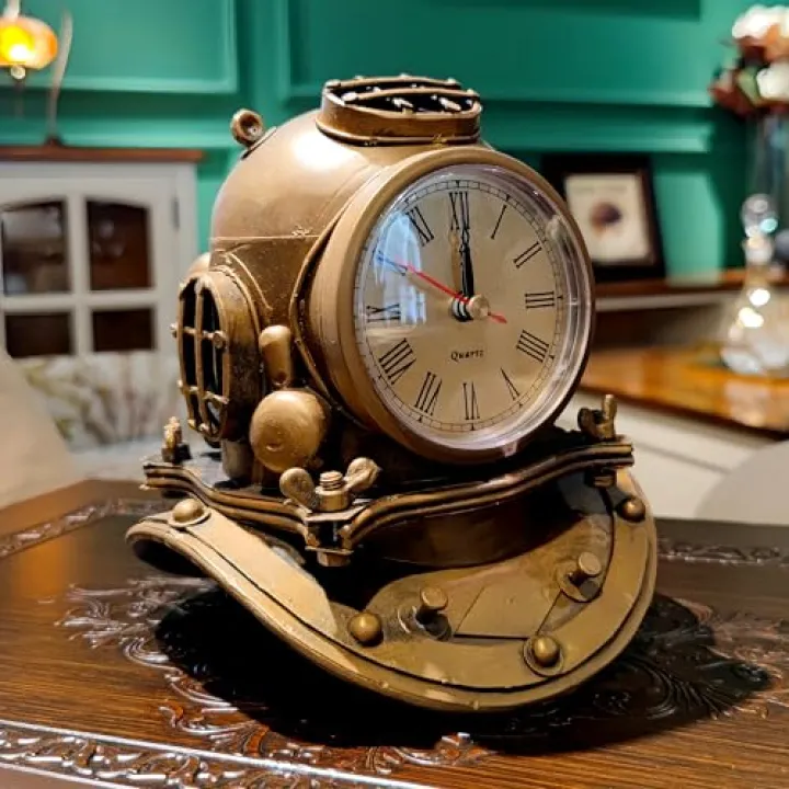 Callistro Vintage Metal Diving Nautical Helmet Scuba Desk Clock Battery Powered Ultra Quiet Sailing Decor for Offices Hotels Bars Restaurants Mancave