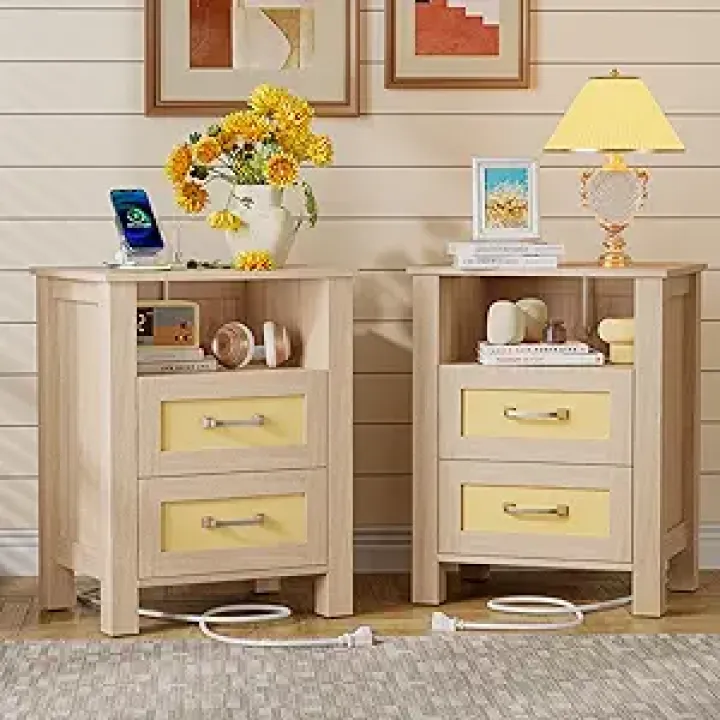YESHOMY Rattan Nightstands Set of 2 with Charging Station, End Table with 2 Storage Drawers & 1 Open Shelf, for Bedroom, Natural