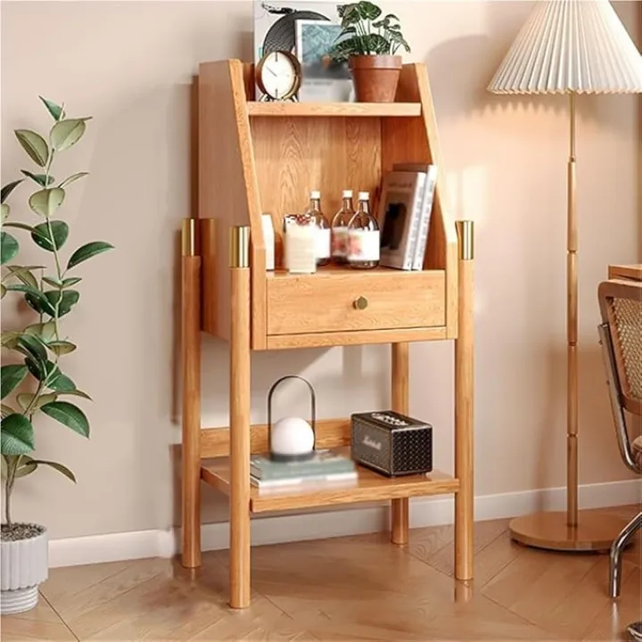3-Layer Wooden Bookshelf with Drawer Floor-Standing Storage Cabinet Small Bookcase TV Side Cabinet & Living Room Wall Display Cabinet Space Saving(Natural)