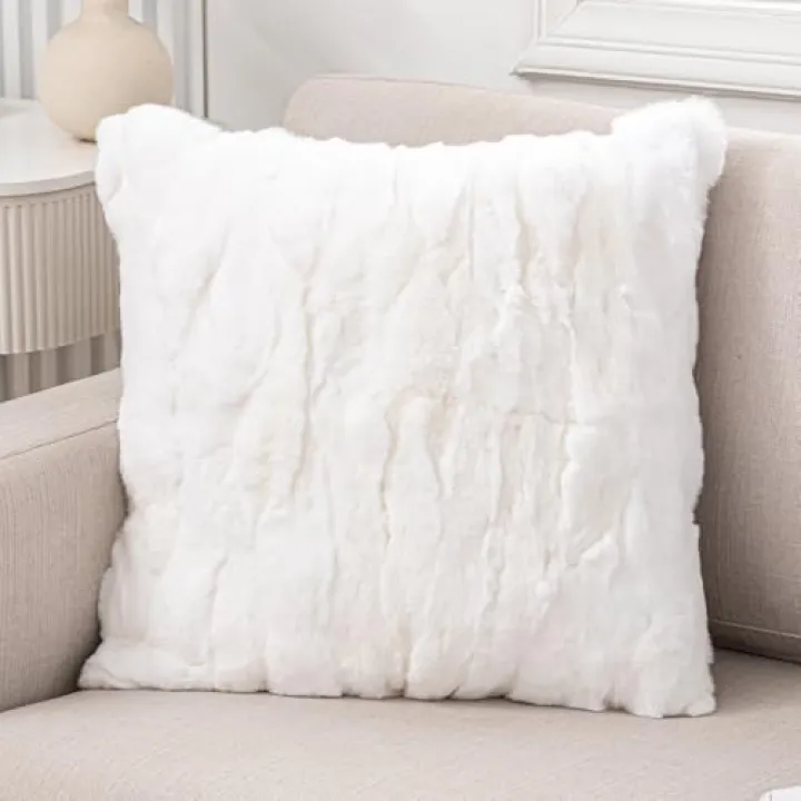 Mibathni Rex Rabbit Fur Throw Pillow Covers Soft Decorative Fluffy Luxury Animal Skin Fur Lumbar Pillow Cushion Cover Case with Hidden Zipper for Sofa, Bedroom, Living Room Home White, 20x20 Inch