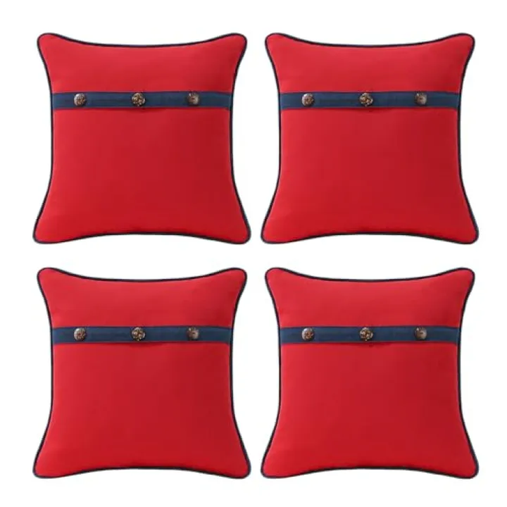 Supdurplus Outdoor Sunbrella Decorative Pillows with Triple Coconut Buttons Pack of 4, 18" x 18" Outdoor Pillow Set for Couch Bed Throw Patio Sofa, Canvas Logo Red/Specrtum Indigo