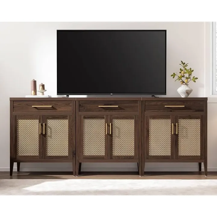 SICOTAS Sideboard Buffet Cabinet with Storage, Walnut Credenza Storage Cabinet with Drawers and Adjustable Shelves, Mid Century Modern Large Media Console Coffee Bar for Living Room Entryway, 3 PCS