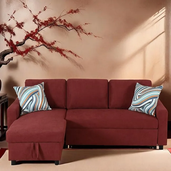 Sleeper Sofa Couch, 2 in 1 Pull Out Couch Bed with Storage Chaise, Small L Shaped Sectional Sleeper Sofas Bed Convertible Pullout Sofa for Living Room, Red