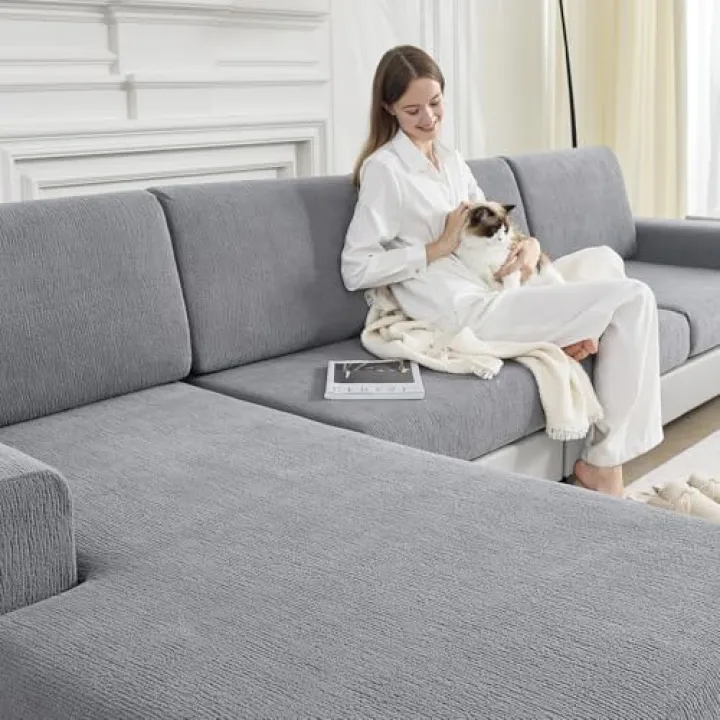 Jialudora Couch Cushion Covers for Sectional Sofa Stretch Sofa Slipcovers Washable Wear-Resistant Sectional Couch Covers L Shaped Seats Furniture Protectors for Pets(Light Grey, 2 Seater + 1 Chaise)