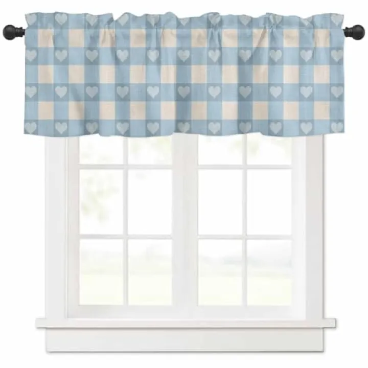Anzona Blue Plaid Curtain Valance 54" x 18", Country Cute Love Pastoral Heart Lattice Window Valances Rod Pocket Curtains Drapes, Short Topper Curtain for Kitchen Cafe Living Room