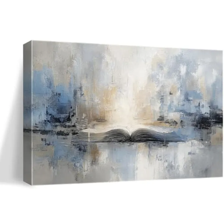 XRZ Abstract Wall Art – Blue and Beige Scripture Canvas – Wall Decor For Bedroom – Christian Wall Decor for Living Room Bedroom Office – 24x16 Inch
