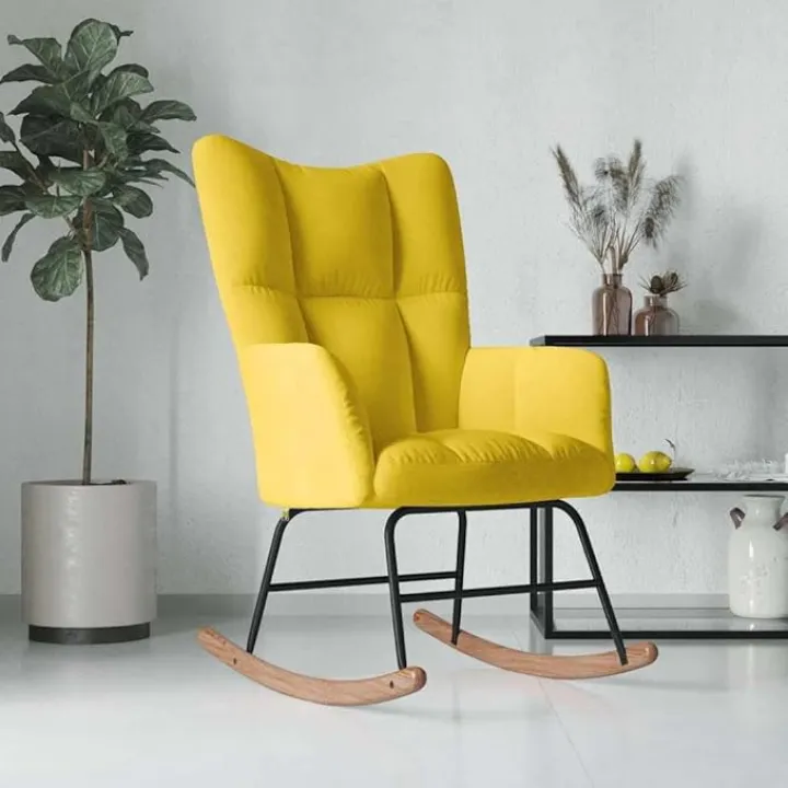 Enhance Comfort with Elegant Rocking Chair, Soft Velvet Upholstery and Sturdy Wooden Base, Yellow