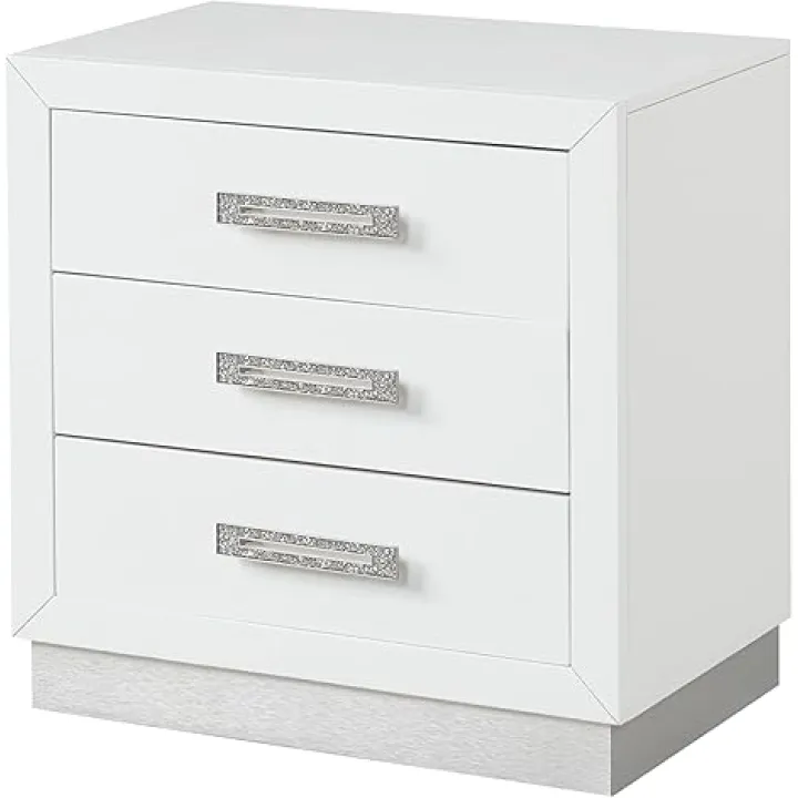 Stylish 3-Drawer Nightstand for Bedroom Storage, Solid Wood Construction, Crystal Hardware, Milky White Finish