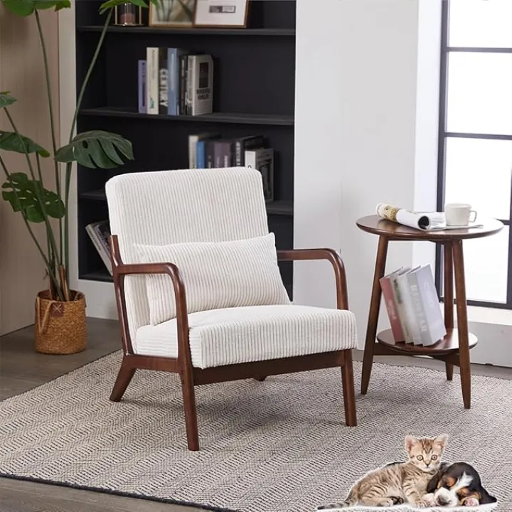 Mid-Century Modern Accent Chair, Upholstered Lounge Arm Chair, Living Room Chairs with Lumbar Pillow, Solid Wood Frame & Corduroy Fabrics, for Living Room, Bedroom, Apartments (Beige)