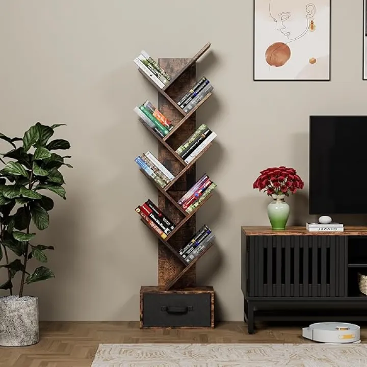 Maximize Space with 9 Tier Tree Bookshelf, Drawer Base for Extra Storage, Stylish Design for Home Office or Living Room, Rustic Brown