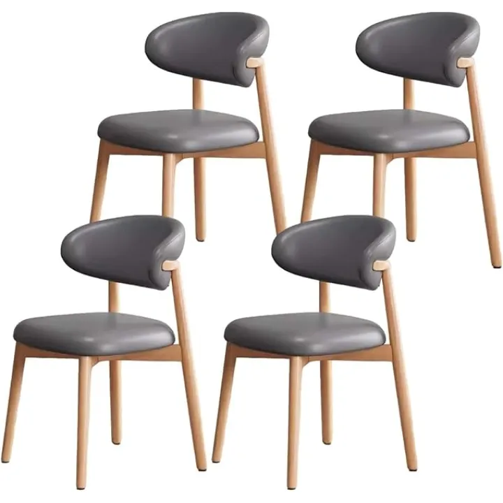 Faux Leather Upholstered Dining Chair, Wooden Legs, Padded PU Dining Chair, Curved Back, for Dining Room, Kitchen, Set of 4 (D)